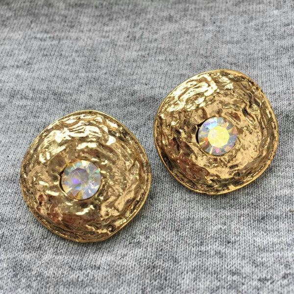 Etruscan Style Aurora Borealis Rhinestone round hammered EARRINGS Statement AB Stone Gold tone pierced button vintage Sparkly Rare!