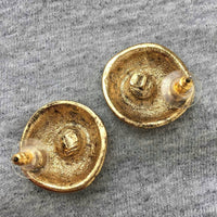 Etruscan Style Aurora Borealis Rhinestone round hammered EARRINGS Statement AB Stone Gold tone pierced button vintage Sparkly Rare!
