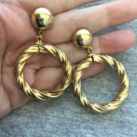 Chic! HOOP Earrings long Couture STYLE thick pierced textured design gold tone statement Runway lightweight dangle RARE! 80s