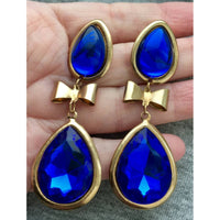 Long Blue Faceted Acrylic Crystal Bow teardrop earrings vintage Runway pierced statement chunky dangle drop bold colorful jewelry