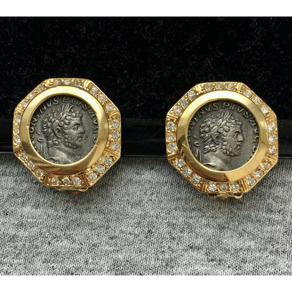 Rarest! 80s Carolee Ancient Coin EARRINGS clip on Designer Couture button Rhinestone Crystal Chunky Jewelry Statement Gold tone Runway