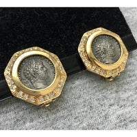 Rarest! 80s Carolee Ancient Coin EARRINGS clip on Designer Couture button Rhinestone Crystal Chunky Jewelry Statement Gold tone Runway