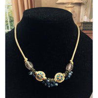 Sweet! Jacky De G beaded Necklace Blue Gripoix Gold tone Vintage tag signed designer Couture modernist Choker Art Nouveau Style