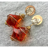 Huge Amber Lucite faceted Crystal Earrings Clip on Dangle UNIQUE Orange Statement MODERNIST Bold 80s Designer Quality Couture Style RARE!