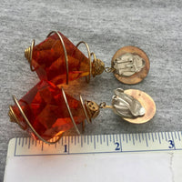Huge Amber Lucite faceted Crystal Earrings Clip on Dangle UNIQUE Orange Statement MODERNIST Bold 80s Designer Quality Couture Style RARE!