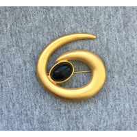 Chunky Donna Karan? Brooch PIN 80s  Designer Couture black cabochon swirl abstract Matte gold tone statement chunky rare hat scarf purse