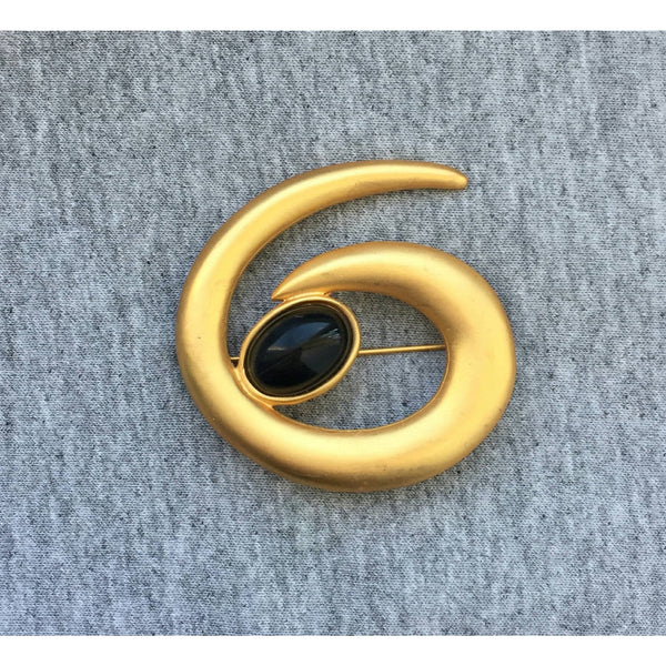 Chunky Donna Karan? Brooch PIN 80s  Designer Couture black cabochon swirl abstract Matte gold tone statement chunky rare hat scarf purse